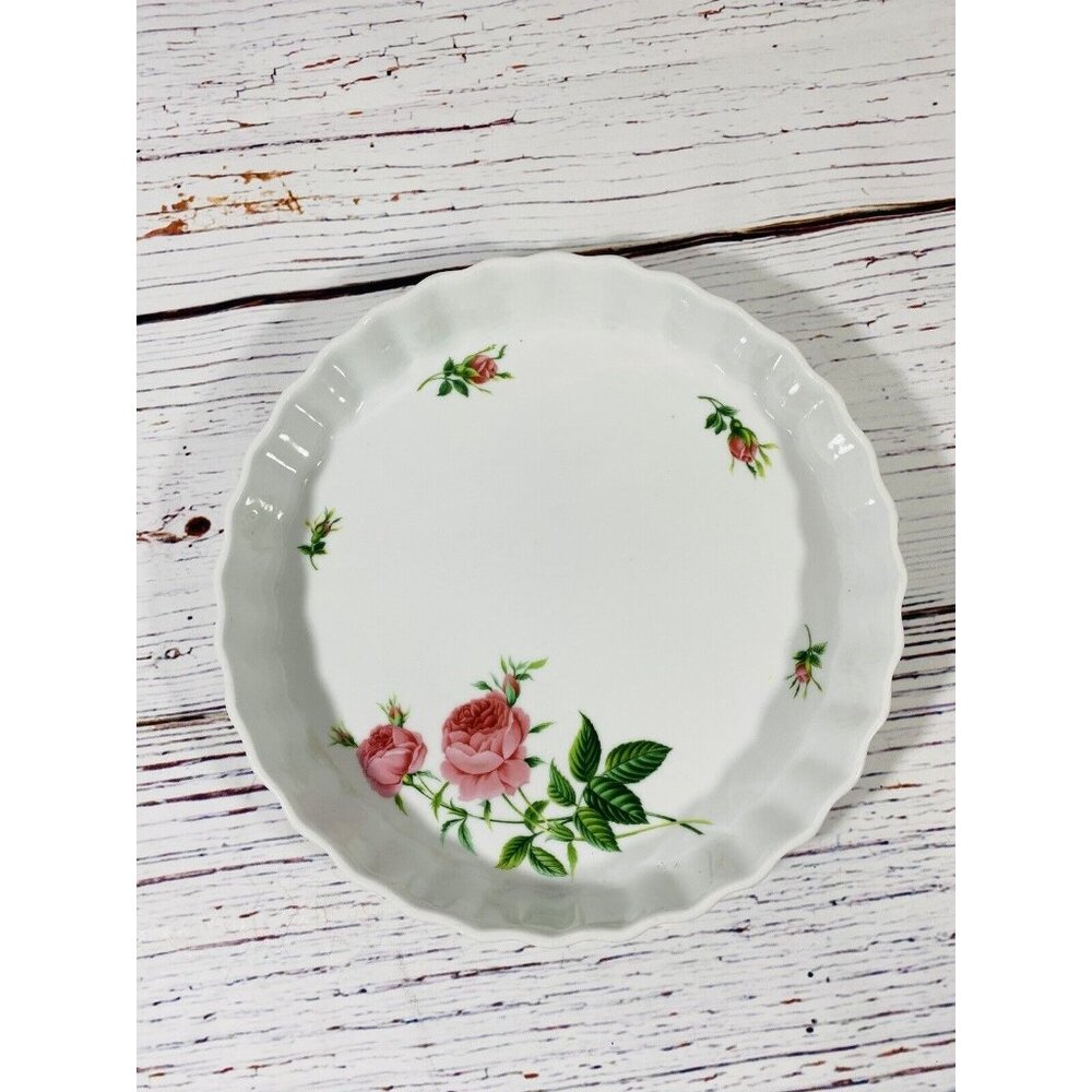 Christineholm Fluted Porcelain Quiche Tart Dish Pan White Pink Roses Baking Vtg